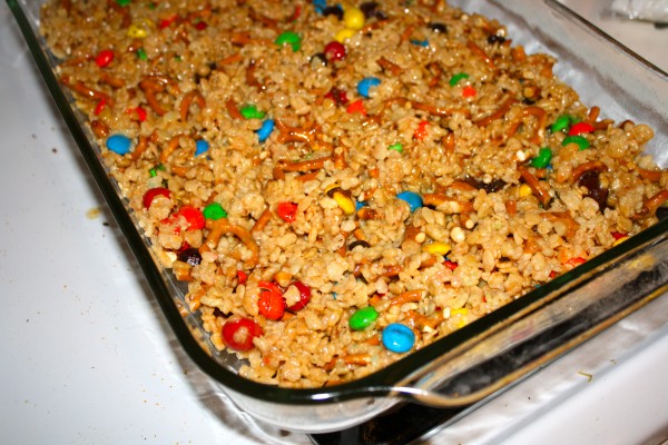 Trail Mix Krispies in the pan